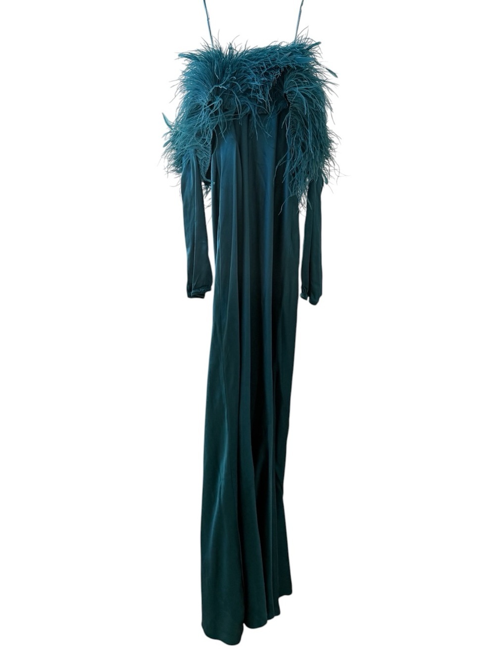 CULT GAIA Terra Feather Off Shoulder Maxi Dress in Seamoss Teal Sz 4 - Picture 5 of 7